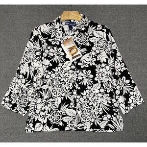 NEW Susan Graver Womens Blouse Black White Floral 3/4 Sleeve Medium Top Hawaiian